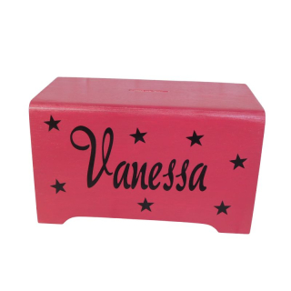 Dřevěná pokladnička se jménem červenorůžová