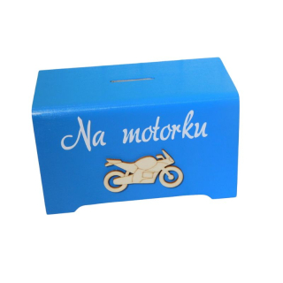 Dřevěná pokladnička Na motorku modrá