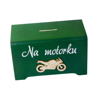 Dřevěná pokladnička Na motorku tmavě zelená