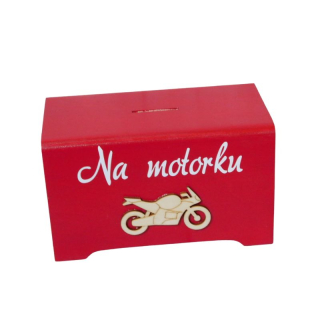 Dřevěná pokladnička Na motorku červená