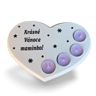 Dřevěný vánoční svícen srdce Krásné Vánoce fialové svíčky
