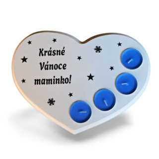 Dřevěný vánoční svícen srdce Krásné Vánoce modré svíčky