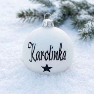 Skleněná vánoční baňka se jménem - bílá/černá 7 cm