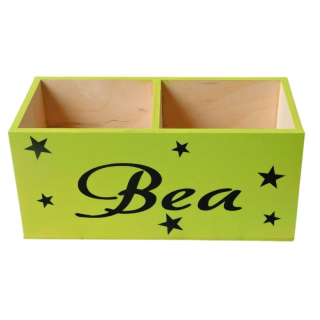 Dřevěný stojan na tužky - světle zelený/černé písmo